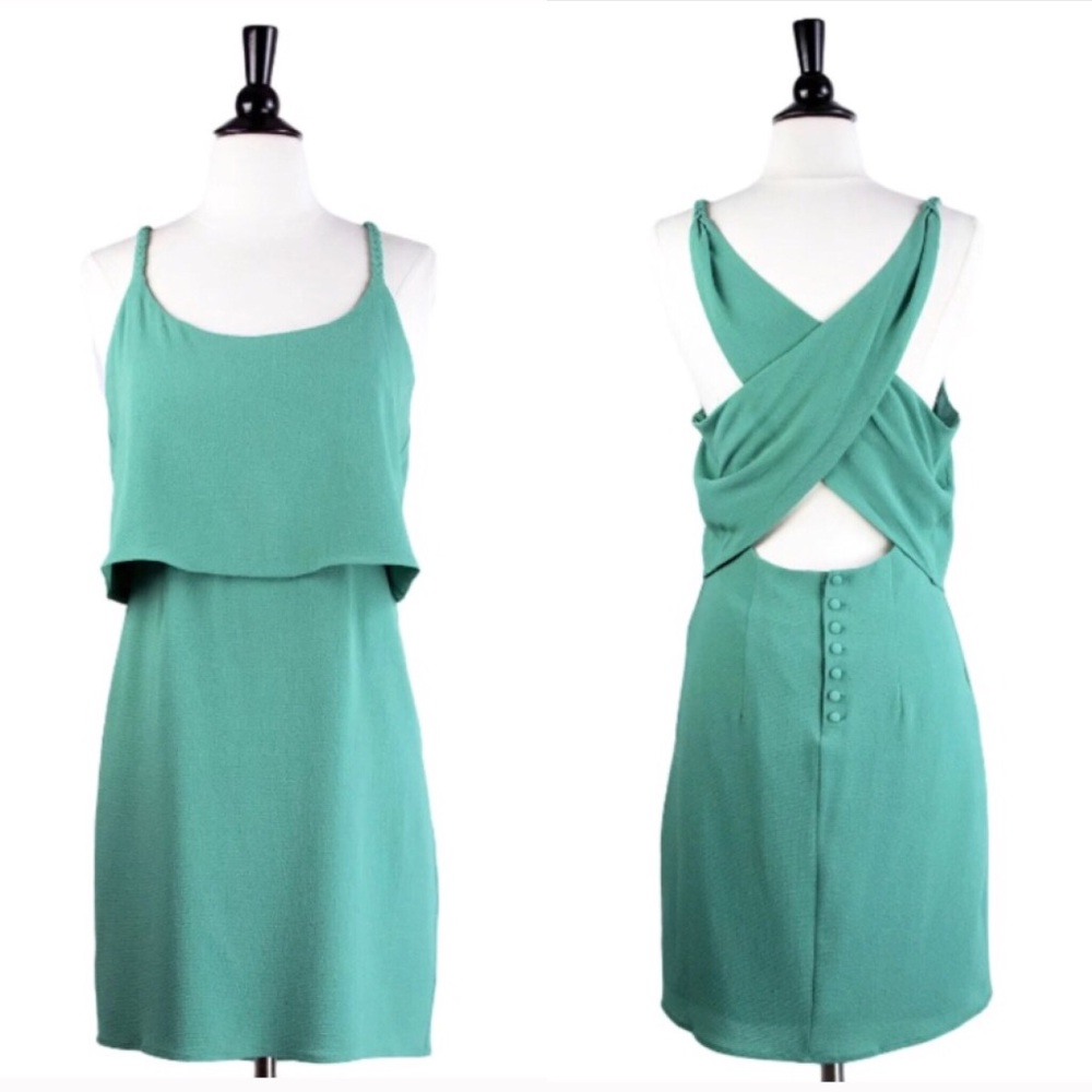 Pepaloves Tiered Spring Green Criss Cross Button Back Mini Dress, NWT